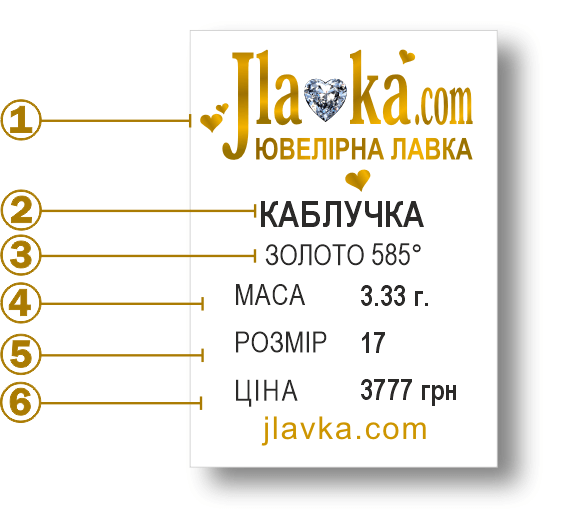 Приклад бирки ювелірного виробу JLavka.com