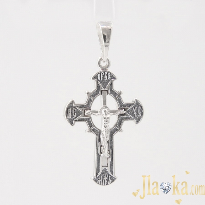 Серебряный православный крест с черненим и распятием Божий Свет