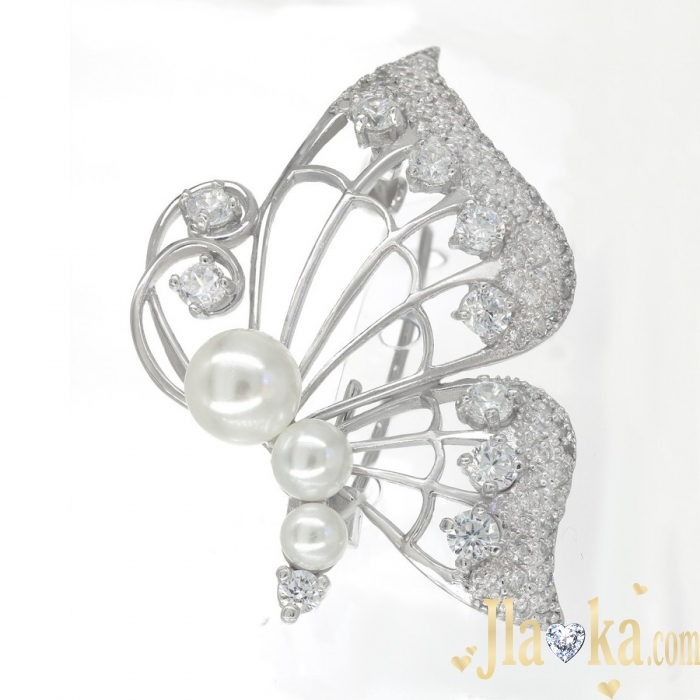 Серебряная брошка с жемчужинками и фианитами Крылья бабочки