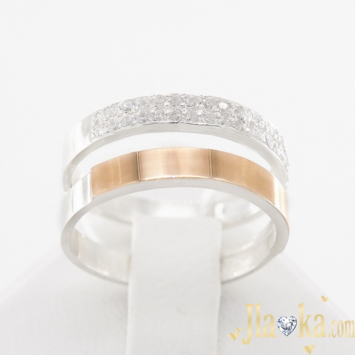 Серебряное двойное кольцо с золотой вставкой и фианитами Молли