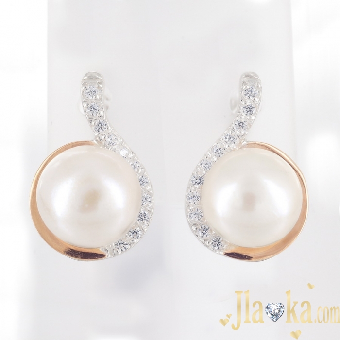 Срібні сережки із золотою вставкою перлами та фіанітами Каре