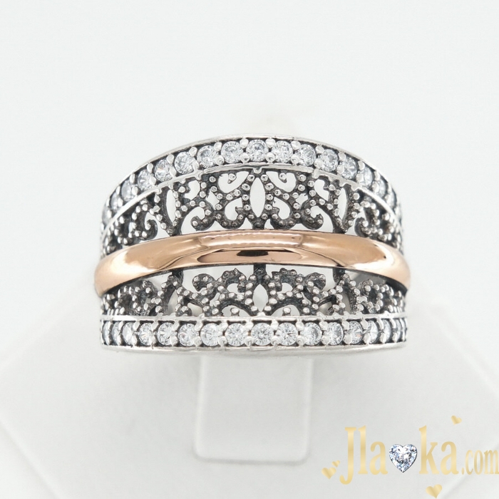 Серебряное кольцо с золотой накладкой,черненим и фианитами Аделия