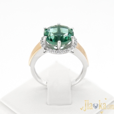 Серебряное кольцо с золотыми накладками,зеленым кварцем и фиатитами Эльвина
