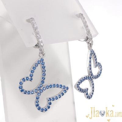 Серебряные серьги-подвески с голубыми фианитами Бабочки