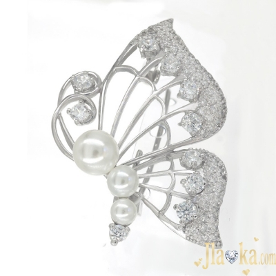 Серебряная брошка с жемчужинками и фианитами Крылья бабочки
