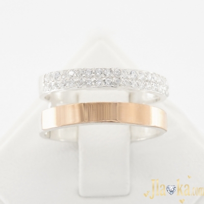 Серебряное двойное кольцо с золотой вставкой и фианитами Молли