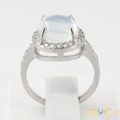 Серебряное родированное кольцо с лунным камнем и фианитами Луана