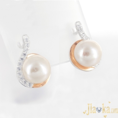 Срібні сережки із золотою вставкою перлами та фіанітами Каре