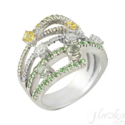 Эксклюзивное золотое кольцо с зелеными, желтыми сапфирами и бриллиантами